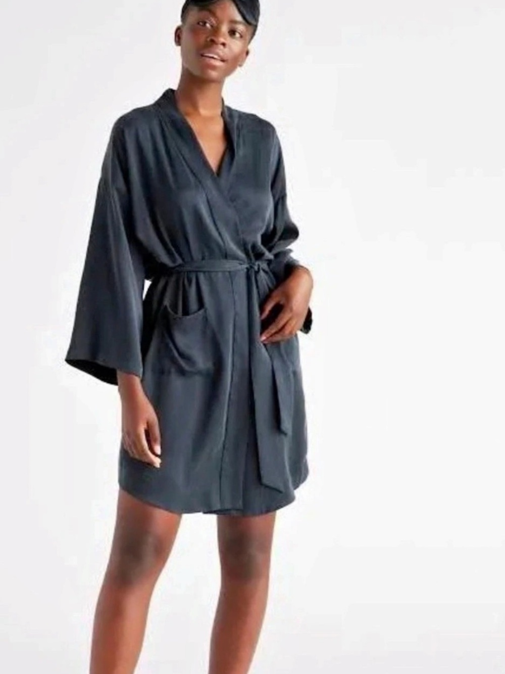 Quince 100% Washable Silk Robe Indigo Blue or Black One Size No Tie